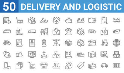 Fototapeta na wymiar set of 50 delivery and logistic web icons. outline thin line icons such as barcode,delivery date,delivery to the door,moving,free delivery,cargo bus,package on trolley,delivery containers. vector