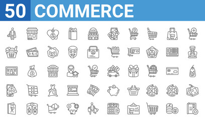 set of 50 commerce web icons. outline thin line icons such as book with dvd,shopper,restaurant card,commerce and shopping,black pointer,basket full,shop store,buy a car. vector illustration