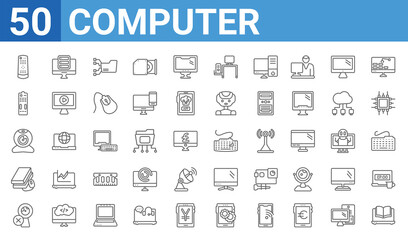 set of 50 computer web icons. outline thin line icons such as laptop educational tool,tv remote,webcam disconnected,book and computer mouse,webcamera,tv controller,pc storage,keyboard with cable.