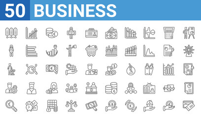 Fototapeta na wymiar set of 50 business web icons. outline thin line icons such as cit card and ticket,numbe information,euro under magnifier,man with money gears,man succesing,woman holding big coin,column