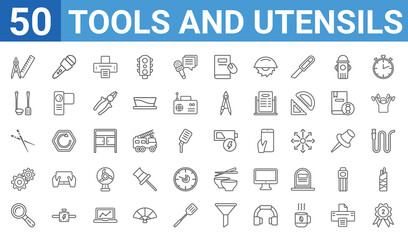 Fototapeta na wymiar set of 50 tools and utensils web icons. outline thin line icons such as second,compass and ruler for mathematics,searching tool,settings gears,two crossed chopsticks from japan,kitchen