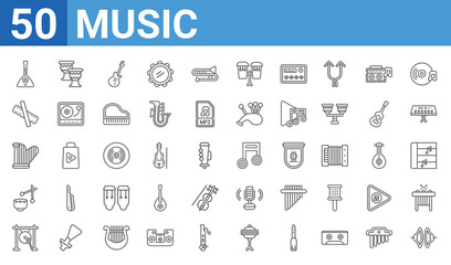 set of 50 music web icons. outline thin line icons such as cymbals,balalaika,gong,kettledrum,harp,clave,djembe,quaver. vector illustration