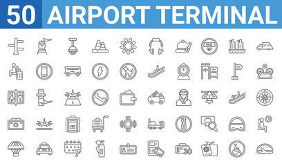 Fototapeta na wymiar set of 50 airport terminal web icons. outline thin line icons such as hangar,trip,parachute open,vintage camera,airport toilets,waiting for flight,train to the airport,emergency truck. vector