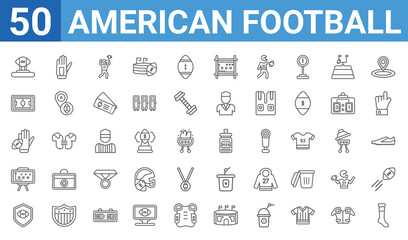 set of 50 american football web icons. outline thin line icons such as gaiters,american football tee,football shield,american football strategy,hand holding the ball,american field top