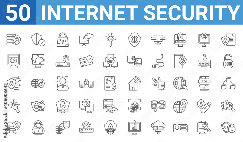 Poster set of 50 internet security web icons. outline thin line icons such as encrypted,server security,dat