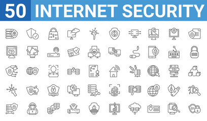 set of 50 internet security web icons. outline thin line icons such as encrypted,server security,data locked,interactive,cyber security,web cookies,protected,home network. vector illustration