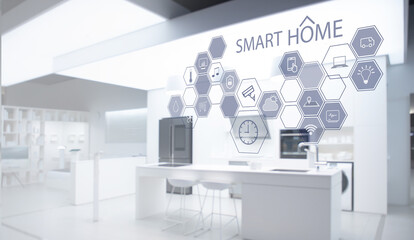 Smart home technology, IoT Internet of Things interface on smartphone app screen connected objects in the modern apartment interior