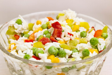 Frozen vegetables with rice. Vegetable mixture. Freezing.