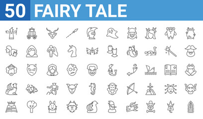Fototapeta na wymiar set of 50 fairy tale web icons. outline thin line icons such as stained glass,wizard,fairy tale,griffin,queen,protagonist,cinderella carriage,mermaid. vector illustration