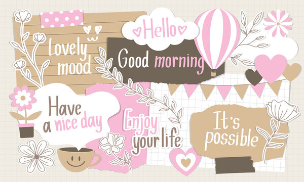 Cute Elements And Handwriting Phrases Vector In Paper Style For Scrapbook Or Collage Artwork.