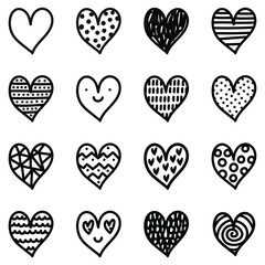  Hand drawn love and hearts  set icon. Heart doodles vector illustration collection, Isolated on white background. 