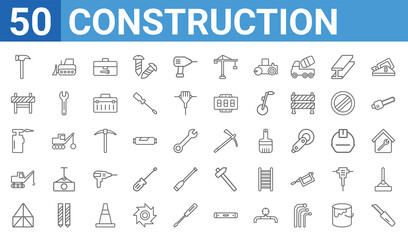 set of 50 construction web icons. outline thin line icons such as retractable trimming knife,brick hammer,joist,crane truck,blowtorch,road construction,bulldozer,hoe. vector illustration