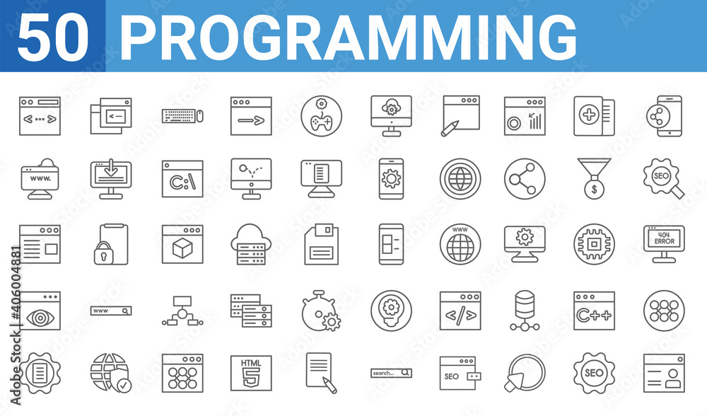 Poster set of 50 programming web icons. outline thin line icons such as web de,script,testing,visibility,we