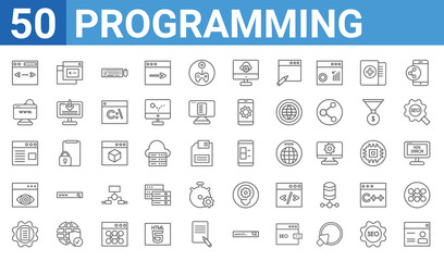 Fototapeta na wymiar set of 50 programming web icons. outline thin line icons such as web de,script,testing,visibility,web page,seo and web,console,app. vector illustration