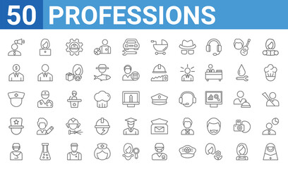 set of 50 professions web icons. outline thin line icons such as nun,marketing manager,surgeon,showman,nurse,financial manager,secretary,captain. vector illustration