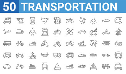 set of 50 transportation web icons. outline thin line icons such as cab,train,taxi,minivan,eighteen-wheeler,gondola,helicopter,cement truck. vector illustration