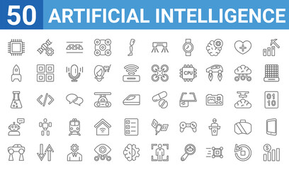 Fototapeta na wymiar set of 50 artificial intelligence web icons. outline thin line icons such as business,chip,hover transport,robot assistant,science,rocket,genetic modification,medicine. vector illustration