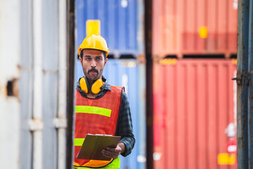 Happy worker man holding clipboard checklist and checking containers box from cargo