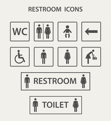Vector restroom icons with men,women, lady, man, baby's dummy,nipple, child and disability on square.Restroom icon set
