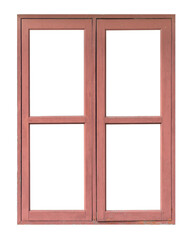Old red wooden wood window isolated on white background, traditional aged weathered empty pane frame for design