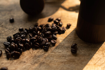 coffee beans on wood table retro