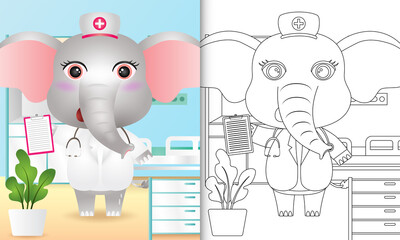 coloring book for kids with a cute elephant nurse character illustration