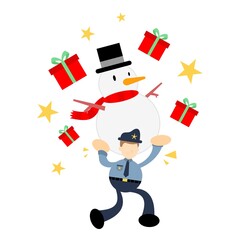 police officer pick snowman merry christmas cartoon doodle flat design style vector illustration