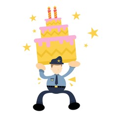 happy police officer and birthday cake cartoon doodle flat design style vector illustration