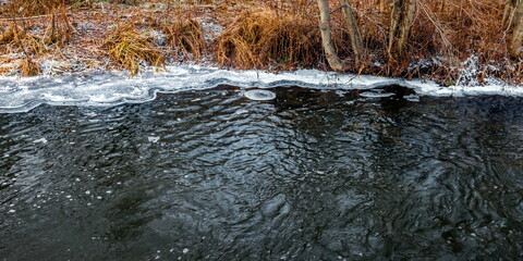 Fast river with ice in late autumn