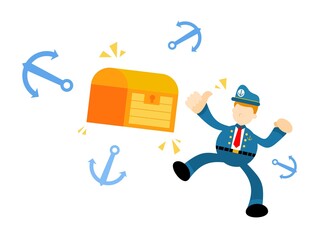 happy sailor navy captain and gold chest coin dollar money economy cartoon doodle flat design style vector illustration