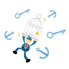sailor navy captain and security prison iron cage cartoon doodle flat design style vector illustration
