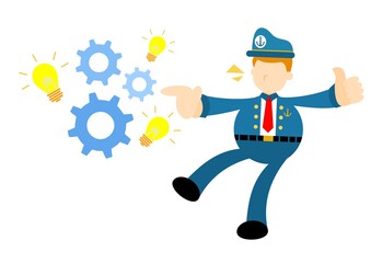sailor captain navy and cog wheel gear lamp light system solution cartoon doodle flat design style vector illustration