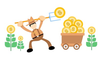 cowboy america and gold coin dollar money cart business cartoon doodle flat design style vector illustration