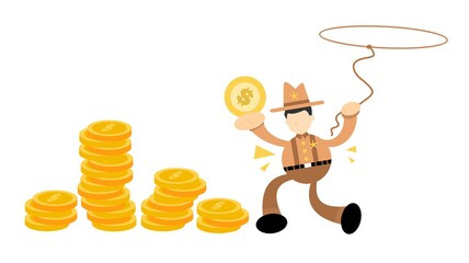 america cowboy and gold coin money cartoon doodle flat design style vector illustration
