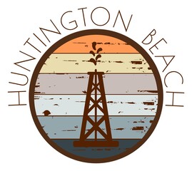 Grunge Huntington Beach oil derrick label