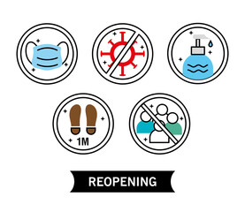 bundle of five reopening labels set half line style icons and lettering vector illustration design