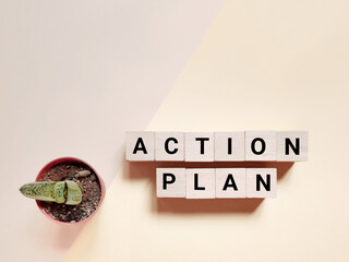 Inspirational and motivational text of action plan written on wooden blocks background. Stock photo.
