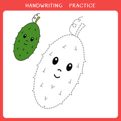 Handwriting practice sheet. Simple educational game for kids. Сute cucumber for coloring book