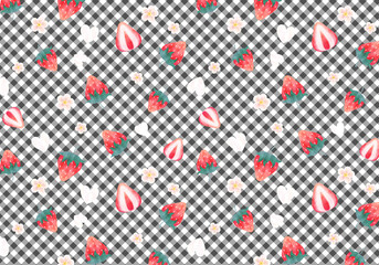 ギンガムチェックと苺のパターン