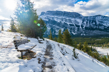 Hoodoos Viewpoint in a snowy autumn sunny day. Banff National Park, Canadian Rockies.