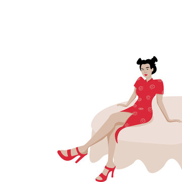 Avatar of Asian cute girl ,beautiful young Chinese girl wearing red dress with red high heels is sitting two armrest on the cushion on white background for copy space.Vector flat design illustration