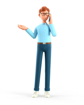 3D illustration of happy man talking on smartphone and gesturing hand. Cute cartoon smiling businessman on the phone call, isolated on white.