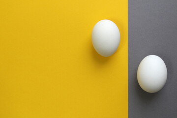 Two chicken white eggs lie on yellow and gray colors with space for text