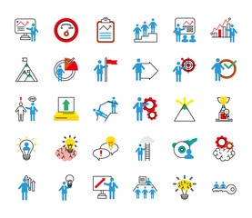 bundle of business people coaching and thirty half line style icons vector illustration design