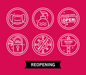 bundle of six reopening labels set line style icons and lettering vector illustration design