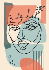 Abstract Simple Flat Illustration. Oneline Woman Portrait. Trend Color. Colorful Poster