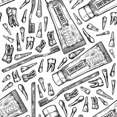 Hand Drawing Lineart Engraving Dental Cteaning Tools and Teeth Illustration Seamless Pattern