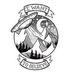 Lineart Tatto Sketch Illustration of UFO 