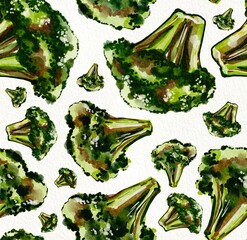 Watercolor Hand Drawing Green Fresh Broccoli Illustration Pattern