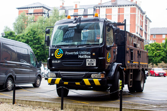 7 July 2020 A DAF lorry owned by Powerteck Electrical and Telecommunications contractors parked outside the holiday Inn Express Hotel in Sheffield England